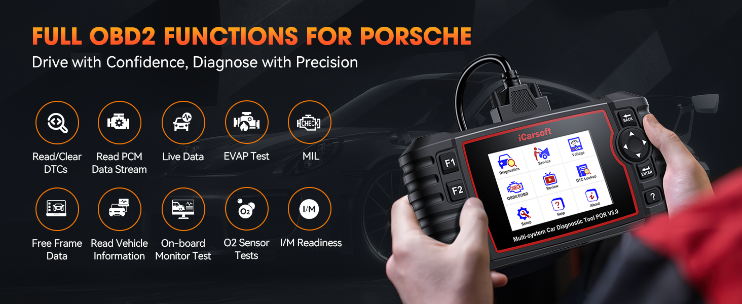 Handheld OBD2 diagnostic tool for Porsche vehicles, featuring a color screen displaying multiple function icons. Device shown in use with various diagnostic capabilities listed above.