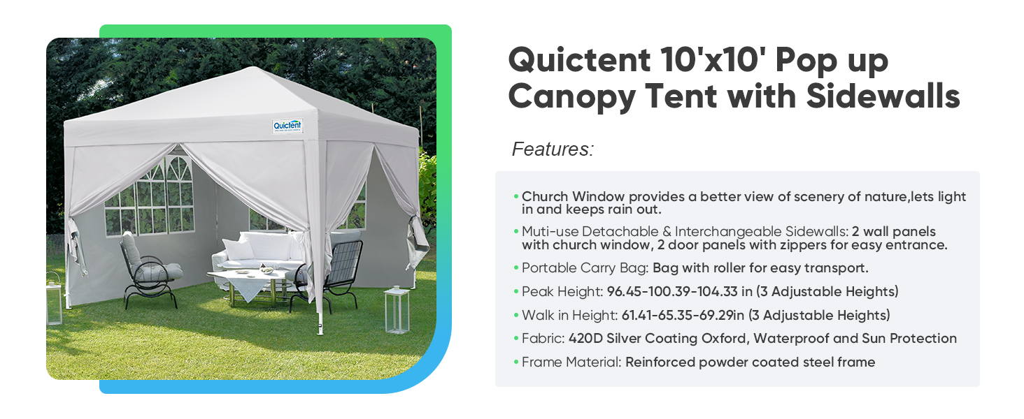 White pop-up canopy tent with sidewalls in outdoor setting. Features 10'x10' size, straight legs, and adjustable height settings.