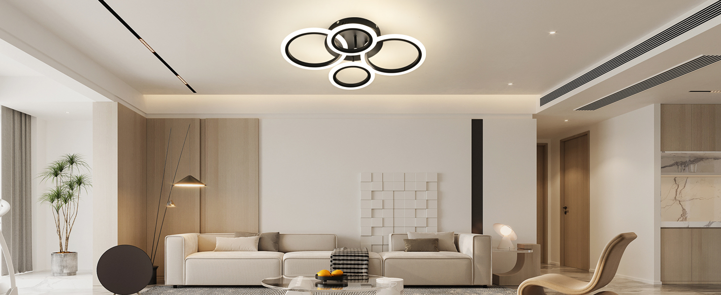 Becailyer Modern LED Flush Mount Ceiling Light, 4 Rings LED Black Close