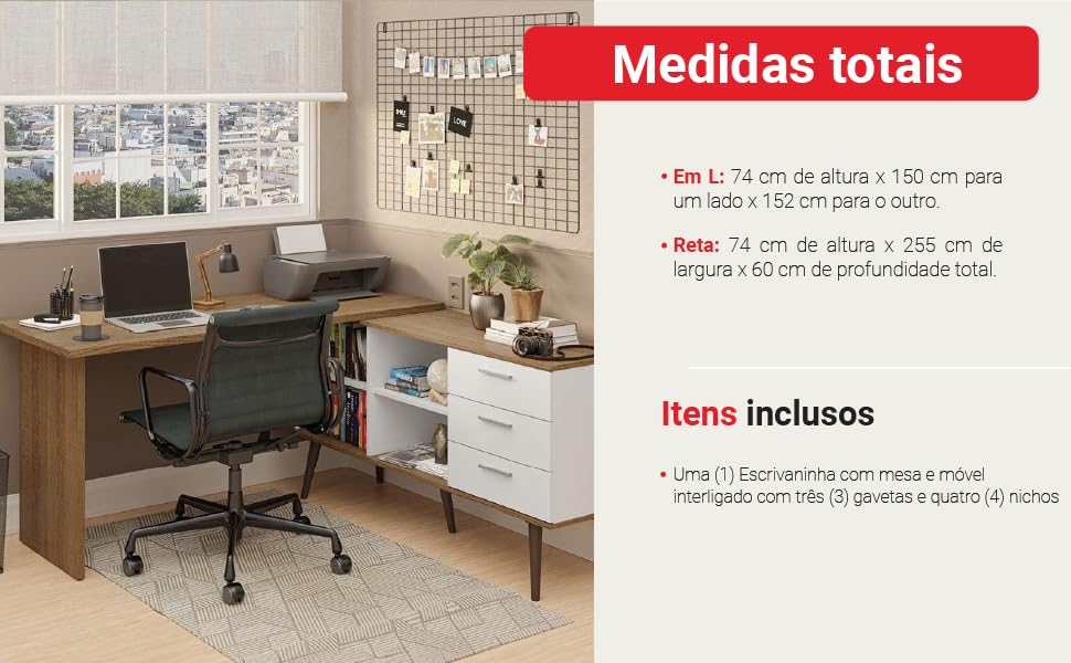 Escrivaninha Mesa de Escritório de Canto 3 Gavetas Lisboa Madesa