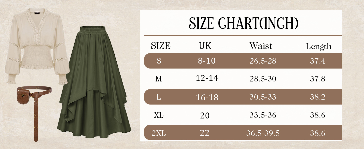 SCARLET DARKNESS Women’s Renaissance Maxi Skirt Elastic High Waist Double Layered Swing Skirt Vintage Pirate Tiered Skirts with Pockets 17 Size Chart