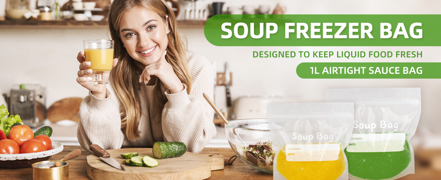 WRAPOK Soup Freezer Bags Reusable Liquid Storage Bag Ziplock Sauce