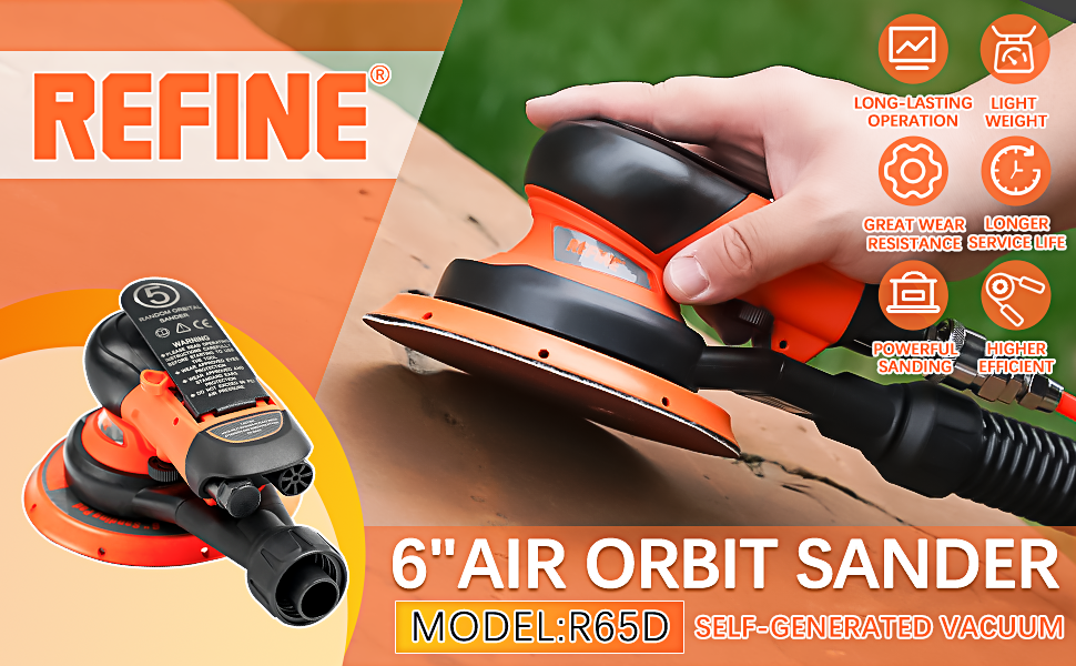 REFINE 6" Air Random Orbital Sander, Vacuum Ready, Pneumatic Palm Car