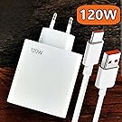 blanco de 120 W con cables USB y USB-C, que se muestra en una superficie de madera. Cuenta con un diseño rectangular compacto