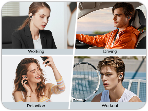 Four-panel image showcasing wireless earbuds in various scenarios: working, driving, relaxation, and workout. Demonstrates versatility and hands-free use in different activities.