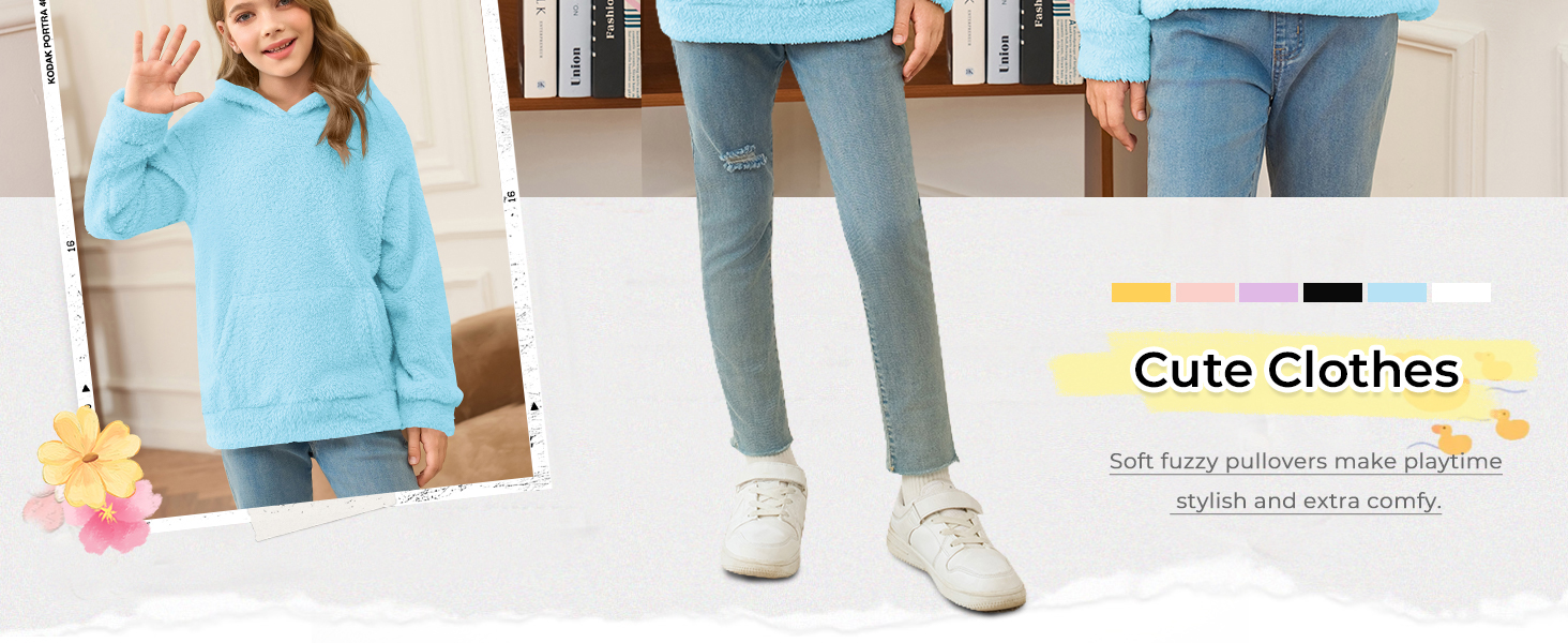 Girls Fuzzy Fleece Pullover Hoodies Sweatshirt Casual Loose Outwear Coat with Pockets