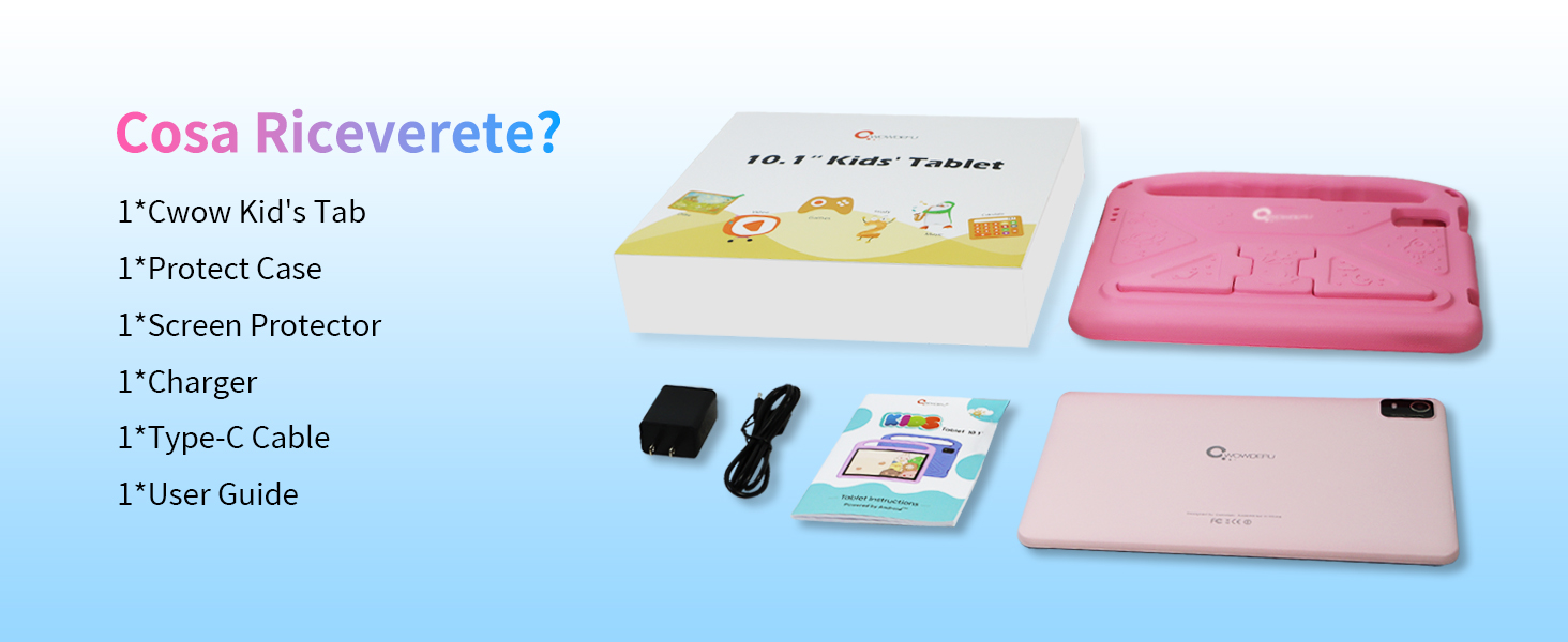 1*Cwow Kid's Tab 1*Screen Protector, 1*Charger, 1*Type-C Cable, 1*User Manual