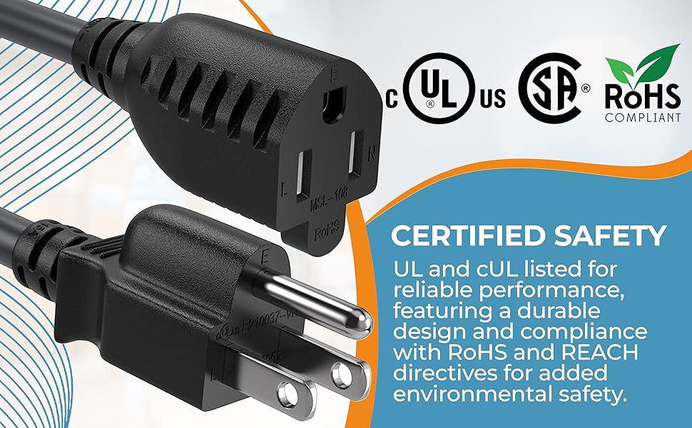 NEMA 5-15P to 5-15R Heavy Duty Power Extension Cord, 14AWG SJT 15A/125V, Black