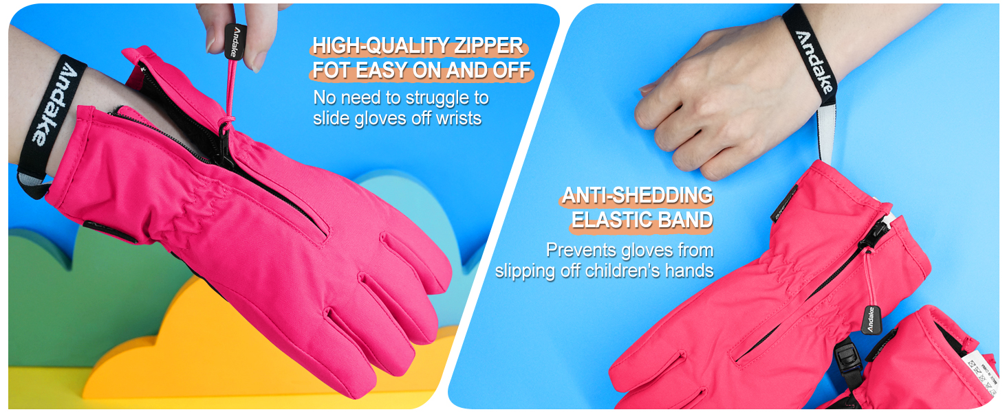 Rosafarbene Winterhandschuhe mit hochwertigem Reißverschluss und rutschfestem Gummiband. Die Merkmale sind auf den Produktdemonstrationsfotos hervorgehoben