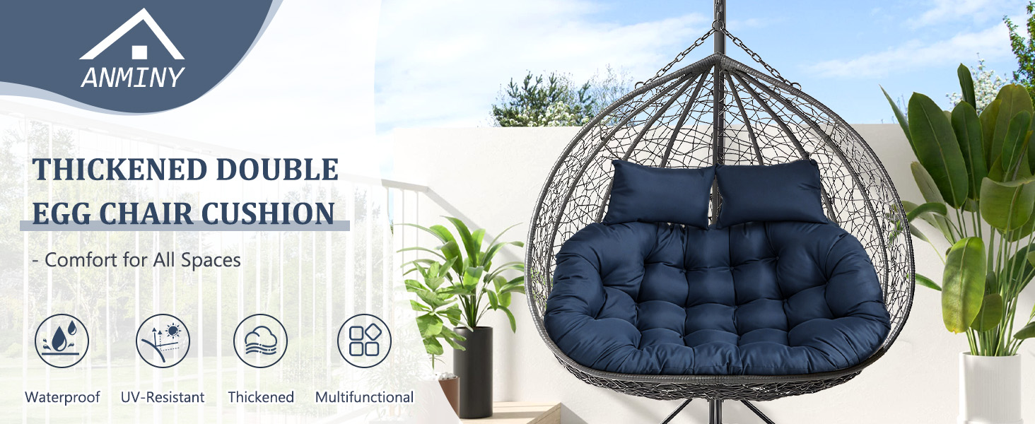 ANMINY 2-Seater Hanging Egg Chair Cushion Thickened 6.3Inch Waterproof Anti-UV Hammock Swing Chair Replacement Cushion, Outdoor Hanging Basket Seat Pads with 2 Detachable Pillows, Beige Cushion ONLY 9 large 2 double person wicker egg chair swing cushion waterproof soft