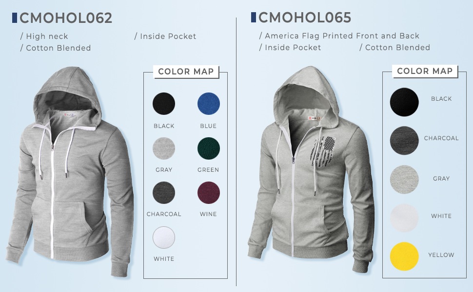 H2H Men's Slim Fit Basic Zip Up High Neck Hoodie Sweatshirt
