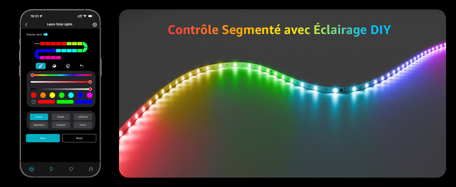 L'interface numérique affiche le contrôle de la lumière LED avec des effets de spectre de couleurs arc-en-ciel et des paramètres de réglage.