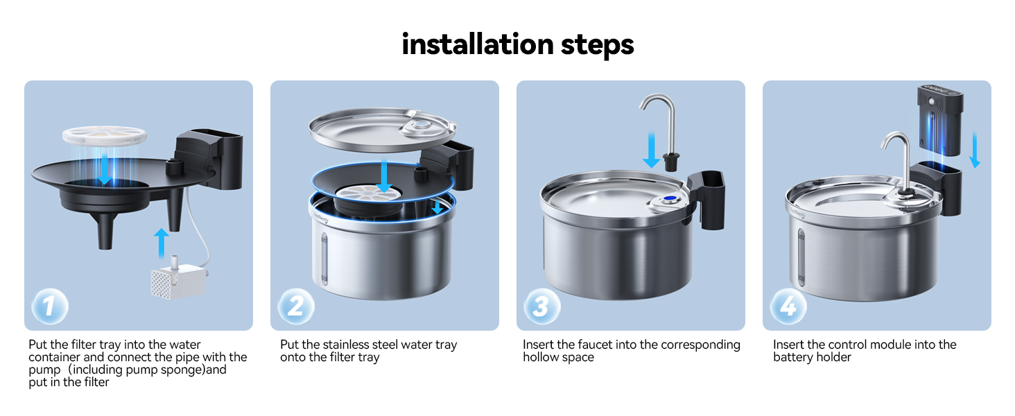 Four-step installation guide showing assembly process of a cylindrical metal container with black handle attachment.
