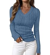 PRETTYGARDEN V Neck Cable Knit Sweaters for Women 2025 Long Sleeve Ribbed Fitted Pullover Tops Bu...
