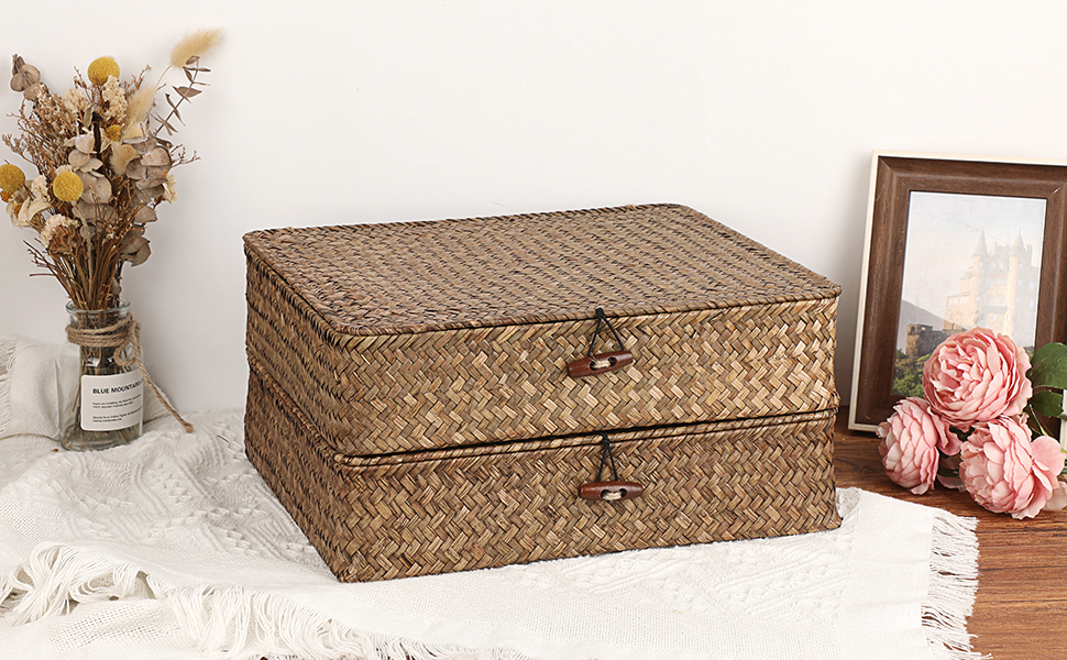 Hipiwe Woven Wicker Basket Bins with Lid Set of 2 FLat