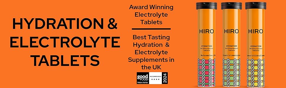 Orange-themed product packaging for hydration and electrolyte tablets, showing multiple bottle designs and product information displays.