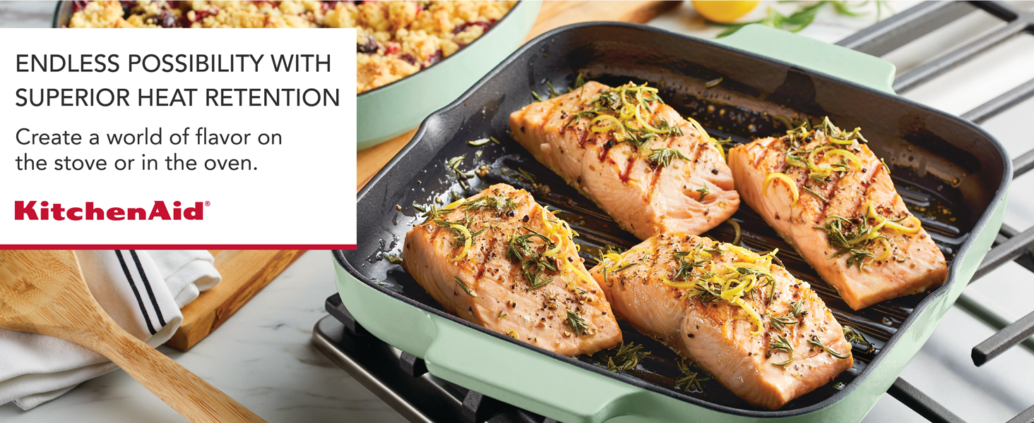 KitchenAid Enameled Cast Iron Square Grill and Roasting Pan, 11 Inch, Pistachio