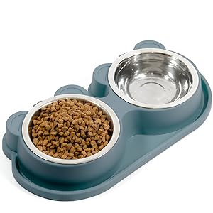 comedero gato doble de gris azulado amarillo con comida y agua