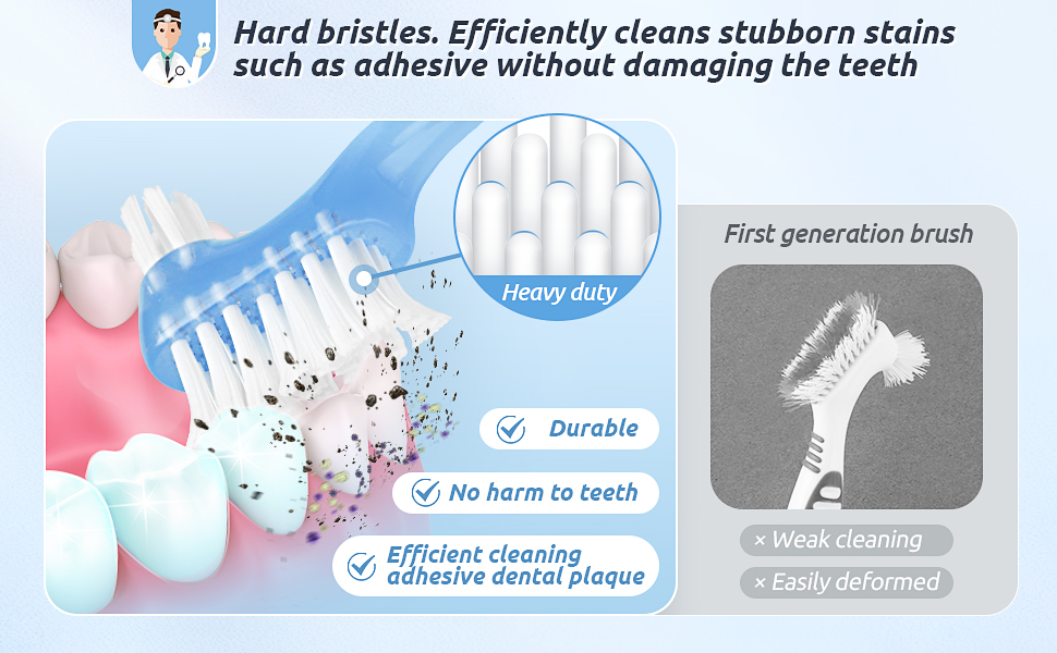 YCUS Premium Hard Denture Cleaning Brush Toothbrush with Double Bristle Heads (4-Pack) Heavy duty