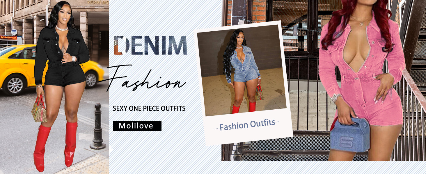 Molilove Sexy long sleeve shots denim jumpsuits