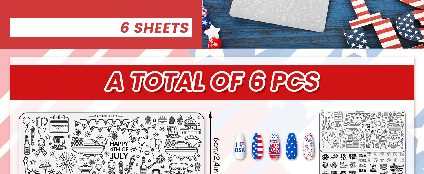 Whaline 6 Sheets Patriotic Nail Stamping Plates Kit Happy 4th of July American Flag