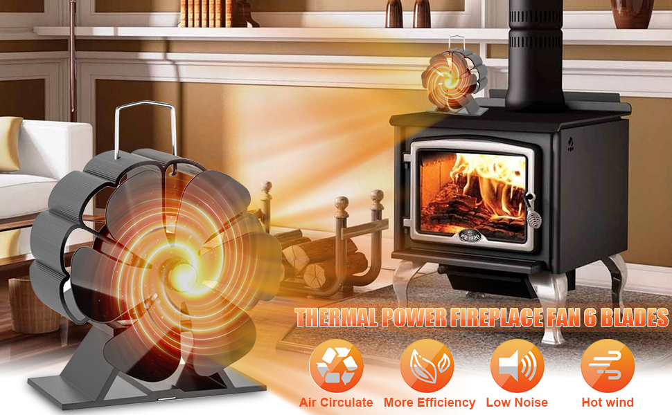 6 Blades Stove Fan Heat Powered, Wood Log Burning Stove Top Fans with