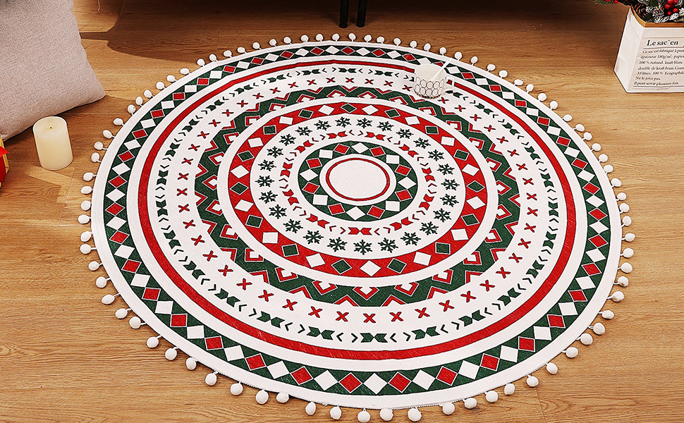 HiiARug Christmas Round Rug 4 Ft Washable Round Area Rug with Pom Poms