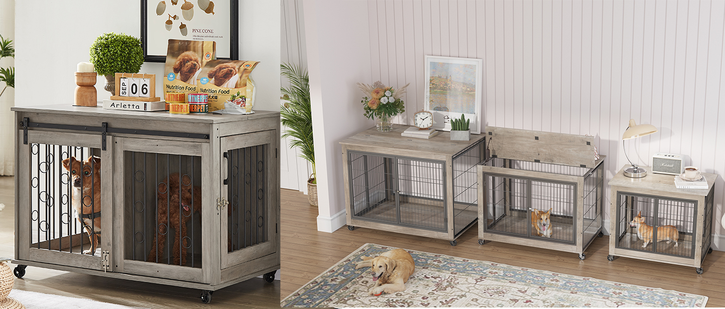 IchbinGo Large Dog Crate Furniture with Sliding Barn Door