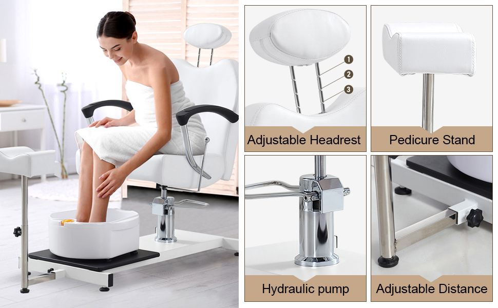 Paddie White Reclining Pedicure Chair with Headrest/Foot