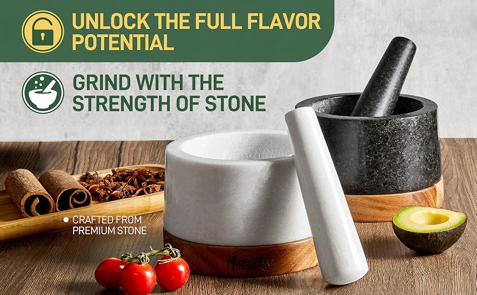 MarcZero 6inch Large Mortar and Pestle Set with AntiScratch Wooden Base, Heavy Duty