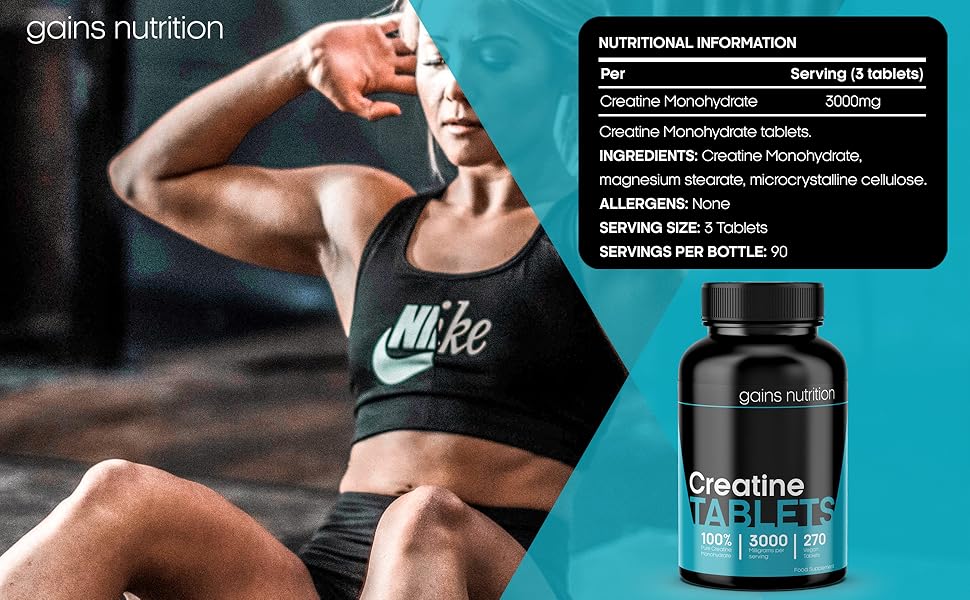 Gains Nutrition - Creatine Tablets - 3000mg Per Serving - 90 Days Supply