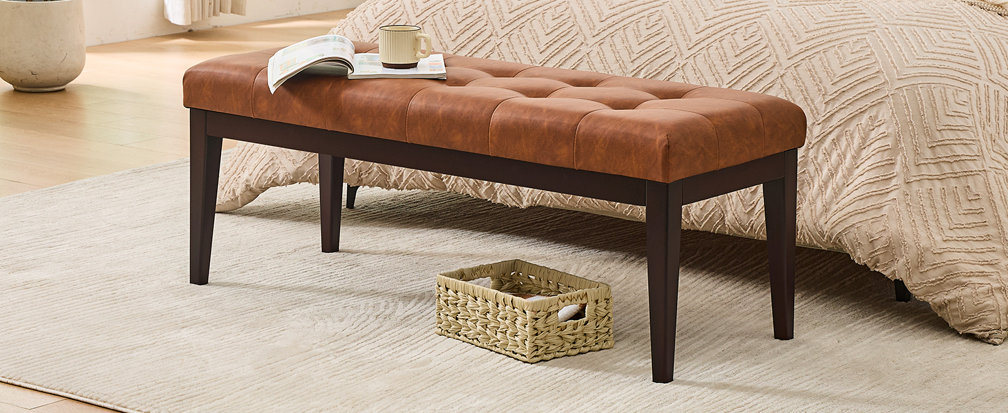 47.2" Button-Tufted Entryway Bench, Upholstered Faux Leather Ottoman Bedroom Bench End