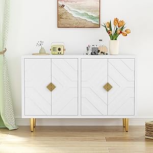 HOLTICO Sideboard with 4 Doors and Shelves, Buffet Table Storage Cabinet Morden Kitchen Cupboard for Kitchen, Living Room, Dining Room, Hallway,White 14 6