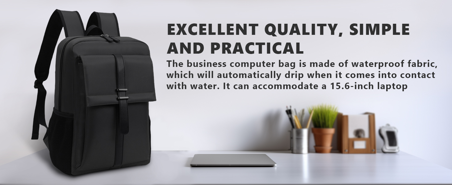 Sac à dos imperméable noir pour ordinateur portable avec plusieurs compartiments, illustré à côté des accessoires de bureau. Peut accueillir un ordinateur portable 15,6 pouces. Le texte le décrit comme étant imperméable et pratique pour un usage professionnel.