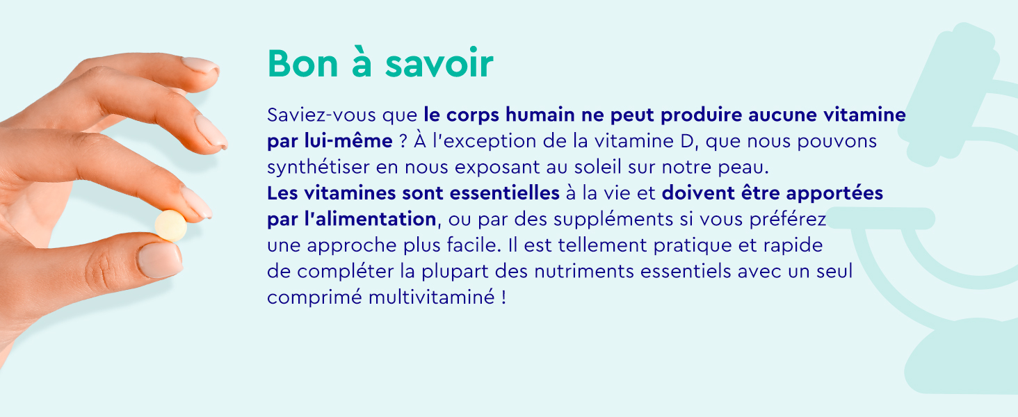Affichage de texte informatif en français sur les vitamines, montrant un geste de la main sur fond bleu clair.