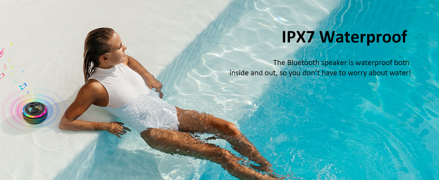 Woman floating in pool demonstrating IPX7 waterproof rating of a product. Text indicates waterproof capability for both inside and outside use.