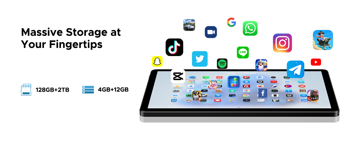 Text reads 'Massive Storage at your Fingertips'. Illustration of tablet device with various app icons floating above, including social media and storage apps, demonstrating cloud storage concept.