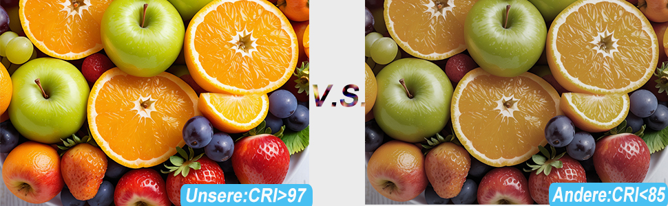 Direkter Vergleich von Obstarrangements. Auf der linken Seite steht „Before CR+50“, auf der rechten Seite „After CR+50“. Zeigt Orangen, Äpfel und andere Zitrusfrüchte.