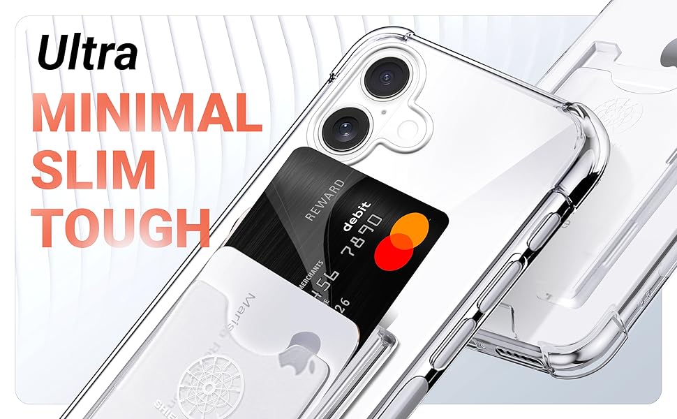 Text reads 'MINIMAL SLIM TOUGH'. Series of minimalist product designs or components shown in white against light background.