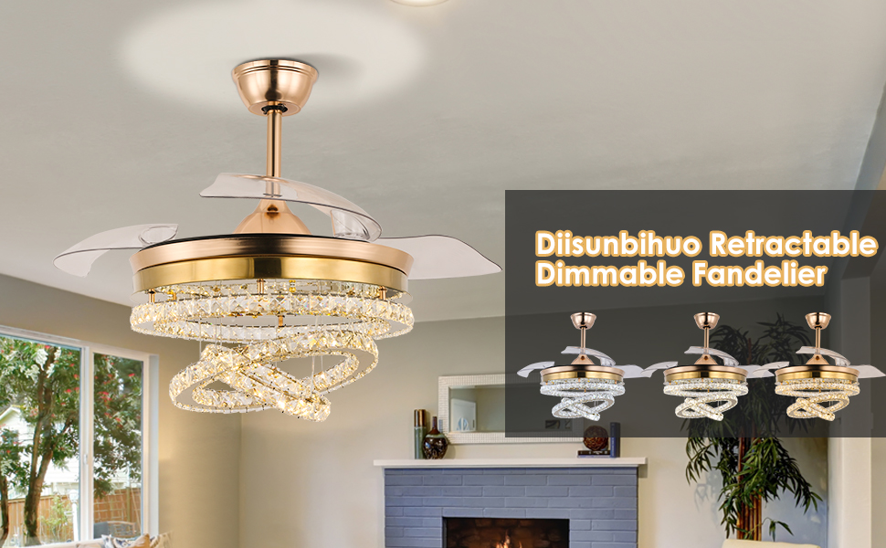 diisunbihuo 42" Dimmable Gold LED Fandeliers Crystal Chandelier Ceiling