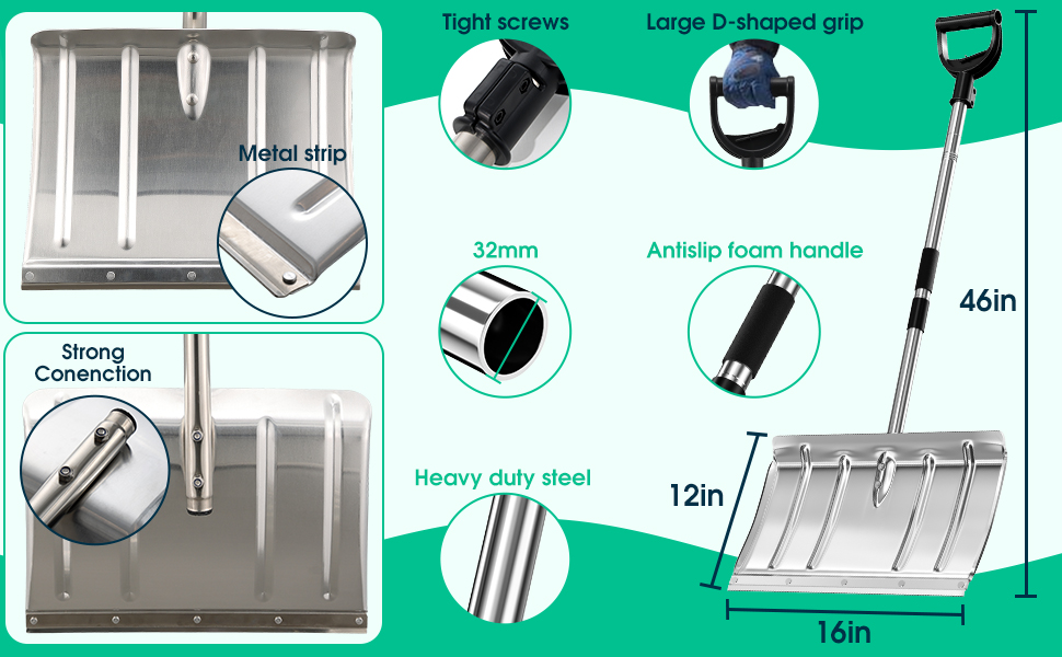 Snow Shovel with Metal Strip, Heavy Duty 16” Wide Aluminum