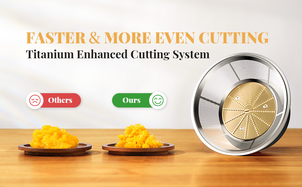 Product comparison showing two plates of diced mango alongside titanium enhanced cutting tool with circular blade design.