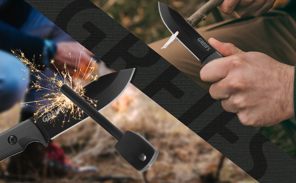 GREIFS® OutdoorMesser MILAN aus D2 Stahl mit Kydex Holster und Feuerstahl, edles Survival