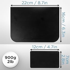 image shows the dimensions of both metal plates in centimetres and inches, and the weigh tin grams