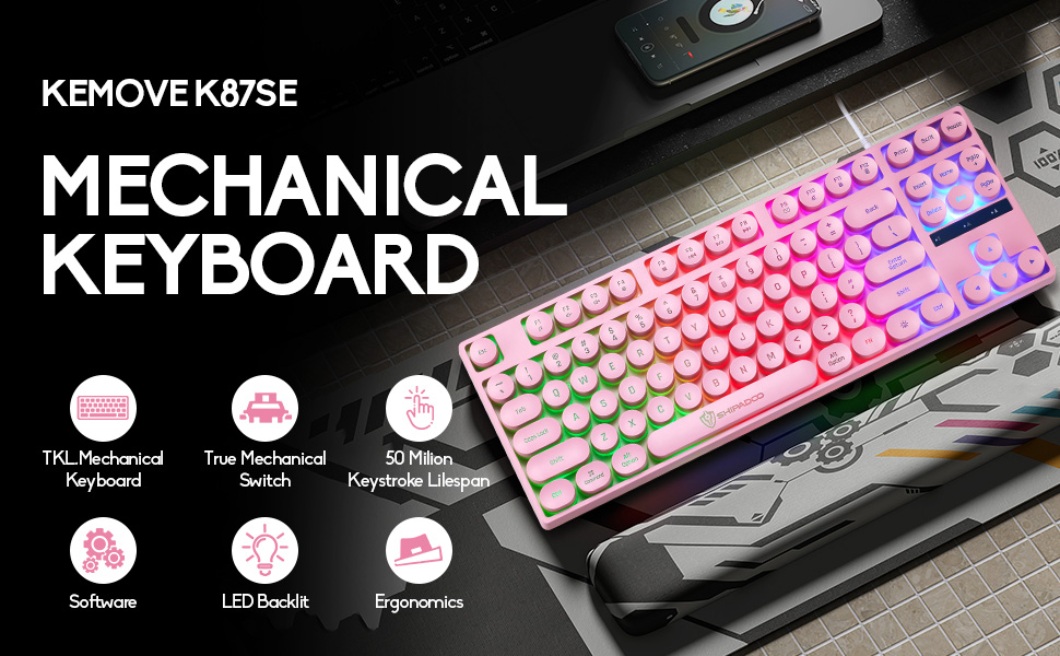 Wired Retro Punk Gaming Keyboard with Rainbow Backlit, 87