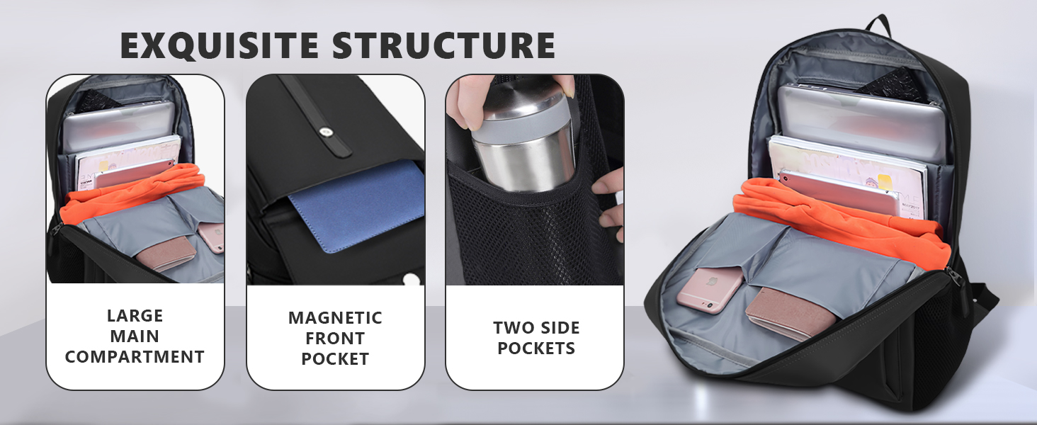 présentées : grand compartiment principal, poche avant magnétique et deux poches latérales. L'image présente un intérieur organisé avec une pochette pour ordinateur portable et un séparateur orange