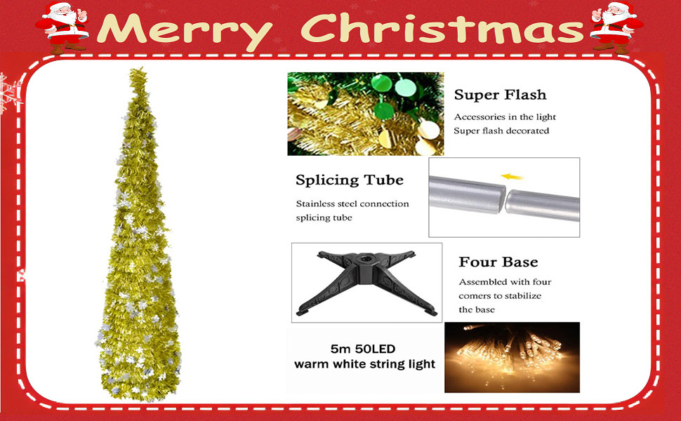 Pop Up Christmas Tinsel Tree, 150cm/5ft Collapsible Artificial Gold