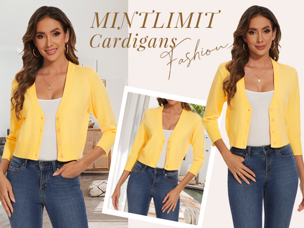 MINTLIMIT Women's 3/4 Sleeve Cropped Cardigan Sweater