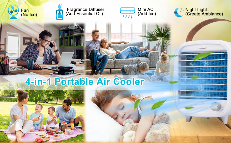 Portable Air Conditioners Fan, Evaporative Mini Air Cooler 3 Speed Blue Night Light, Personal