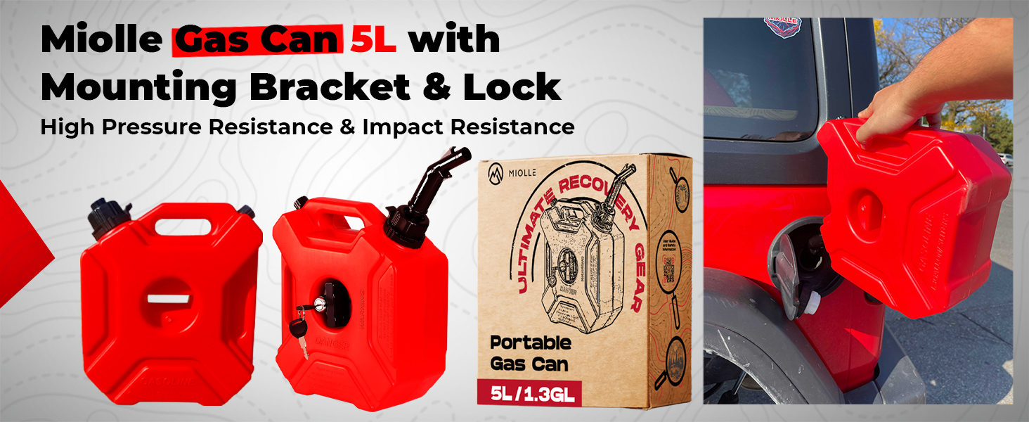 Miolle Gas Can with Mounting Bracket and Lock, 5L Red Oil Petrol
